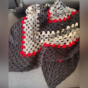 Handmade Crochet Blanket with Red and Gray Accents